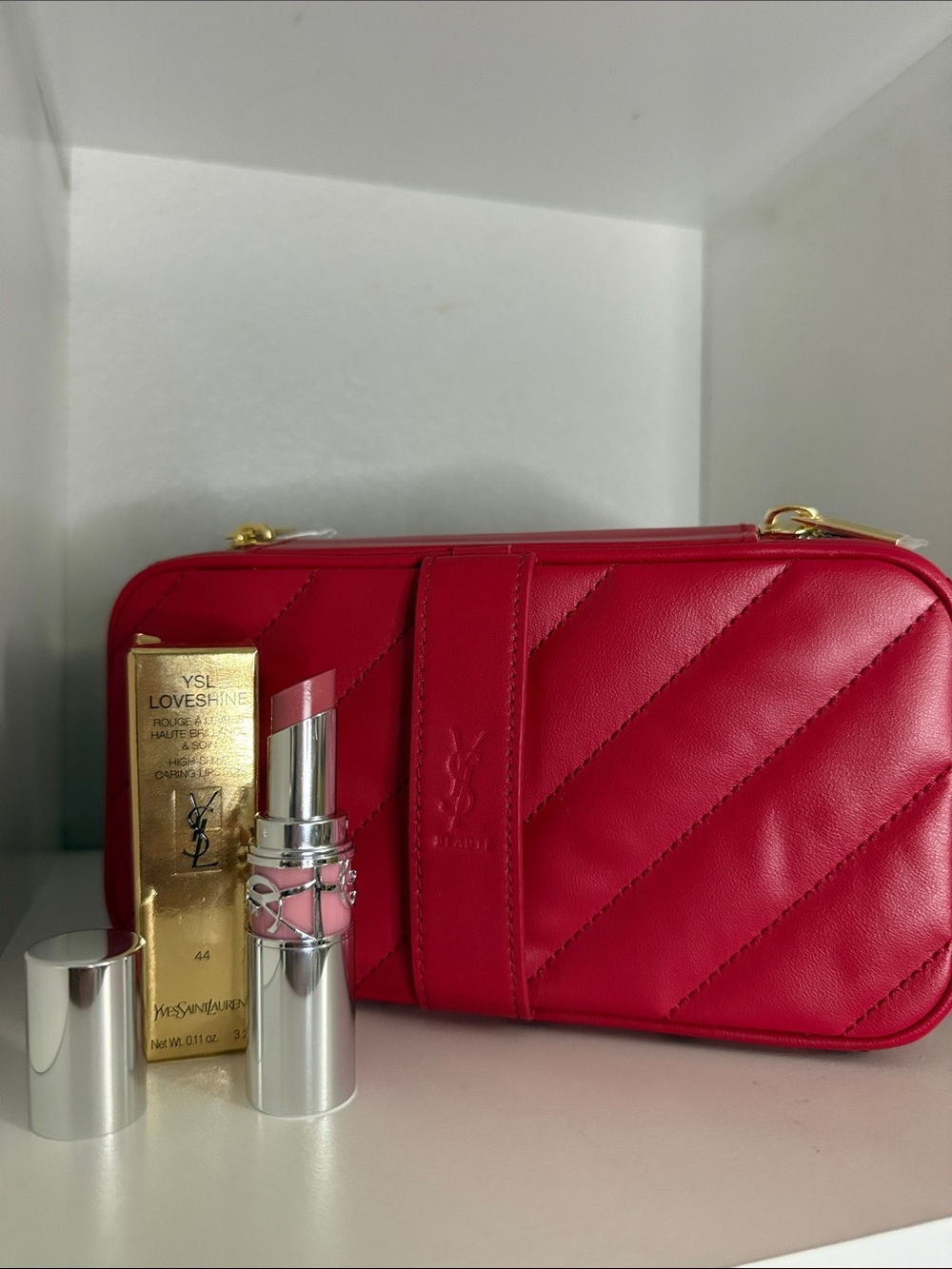 S YSL Loveshine High Shine Caring Lipstick 44 NUDE LAVALLIÈRE & Beauty Case
